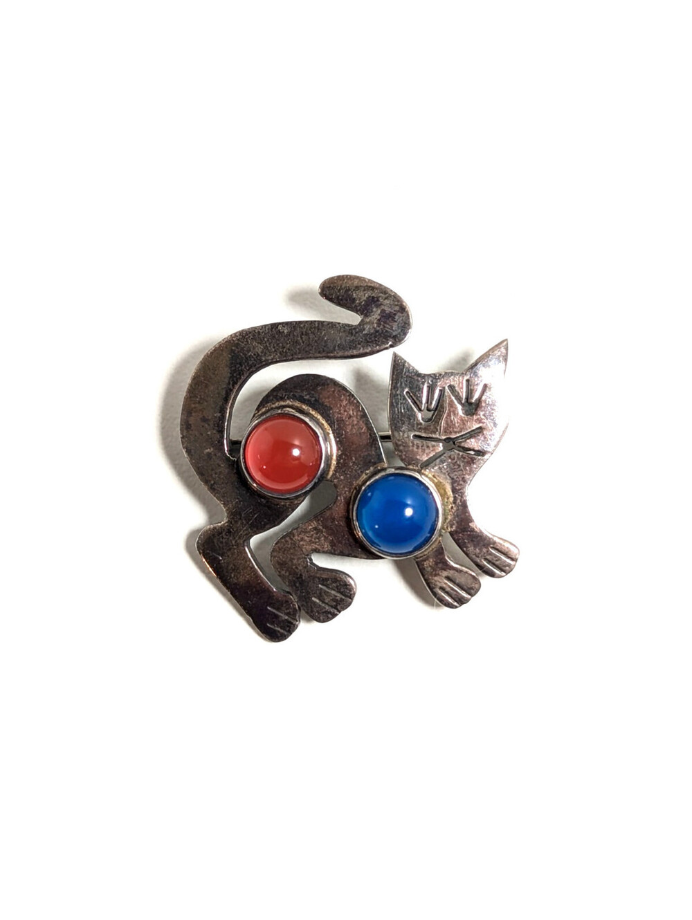 Classic Sterling Silver 925 Red Blue Cat Cabochon Vintage Style Brooch Pin 9.60g